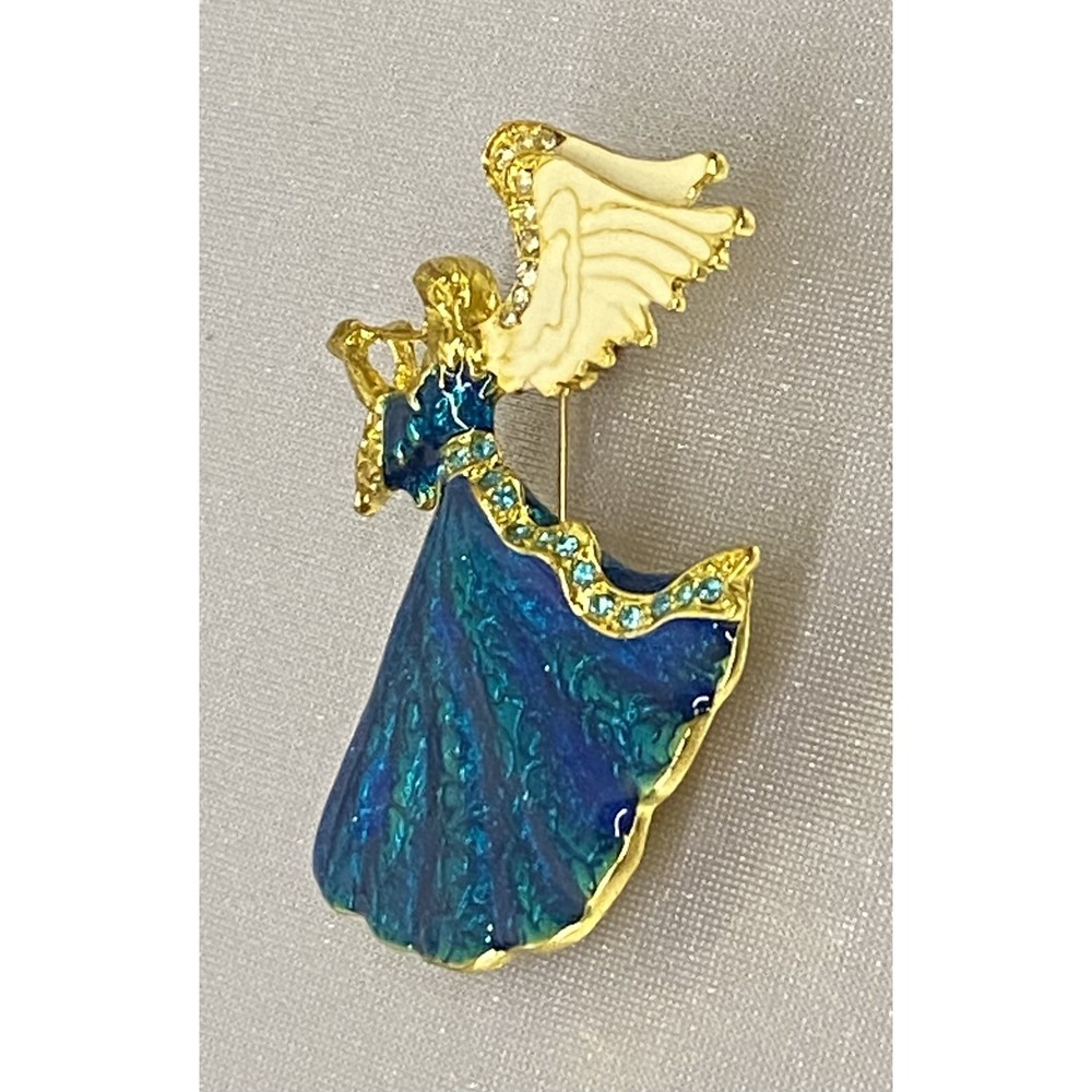 Angel w/ Horn Brooch Enamel Cloisonne Blue/green Rhinestone Gift Christmas